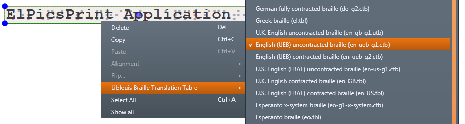 Selecting Braille translation table from the context menu of the text field